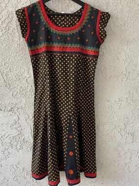 Boho Embroidered Polka Dot Midi Dress Cotton India Folk Art A-Line Black M